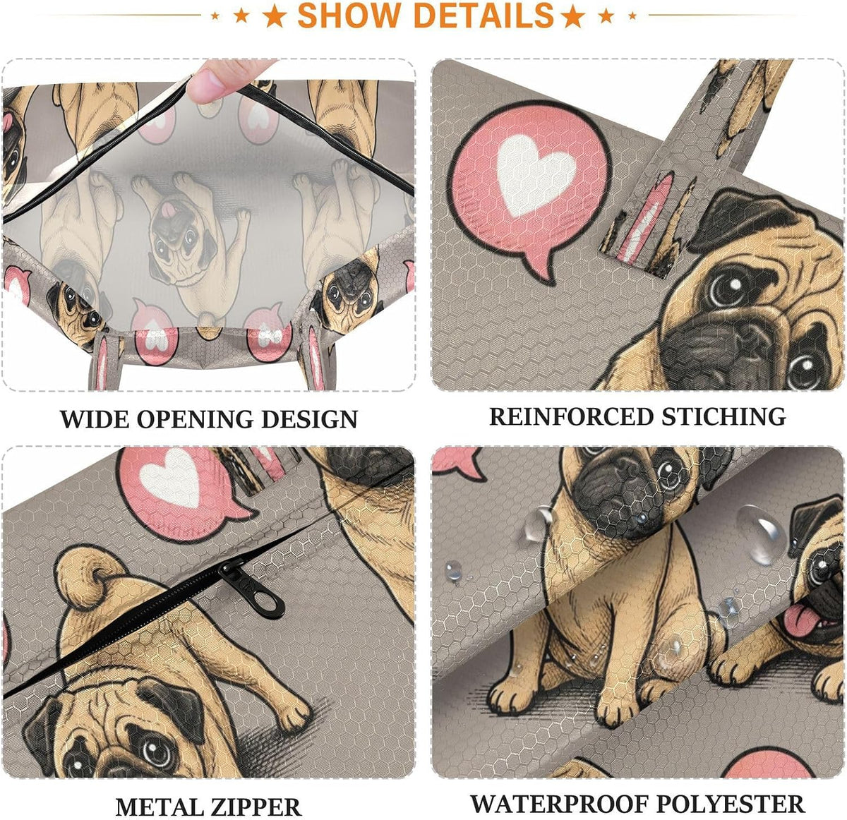 Pug Puppies Heart Waterproof Travel Laundry Bag Washable Pack of 2