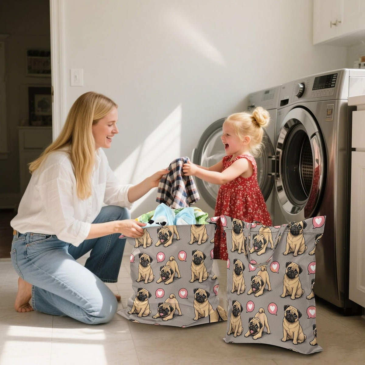 Pug Puppies Heart Waterproof Travel Laundry Bag Washable Pack of 2