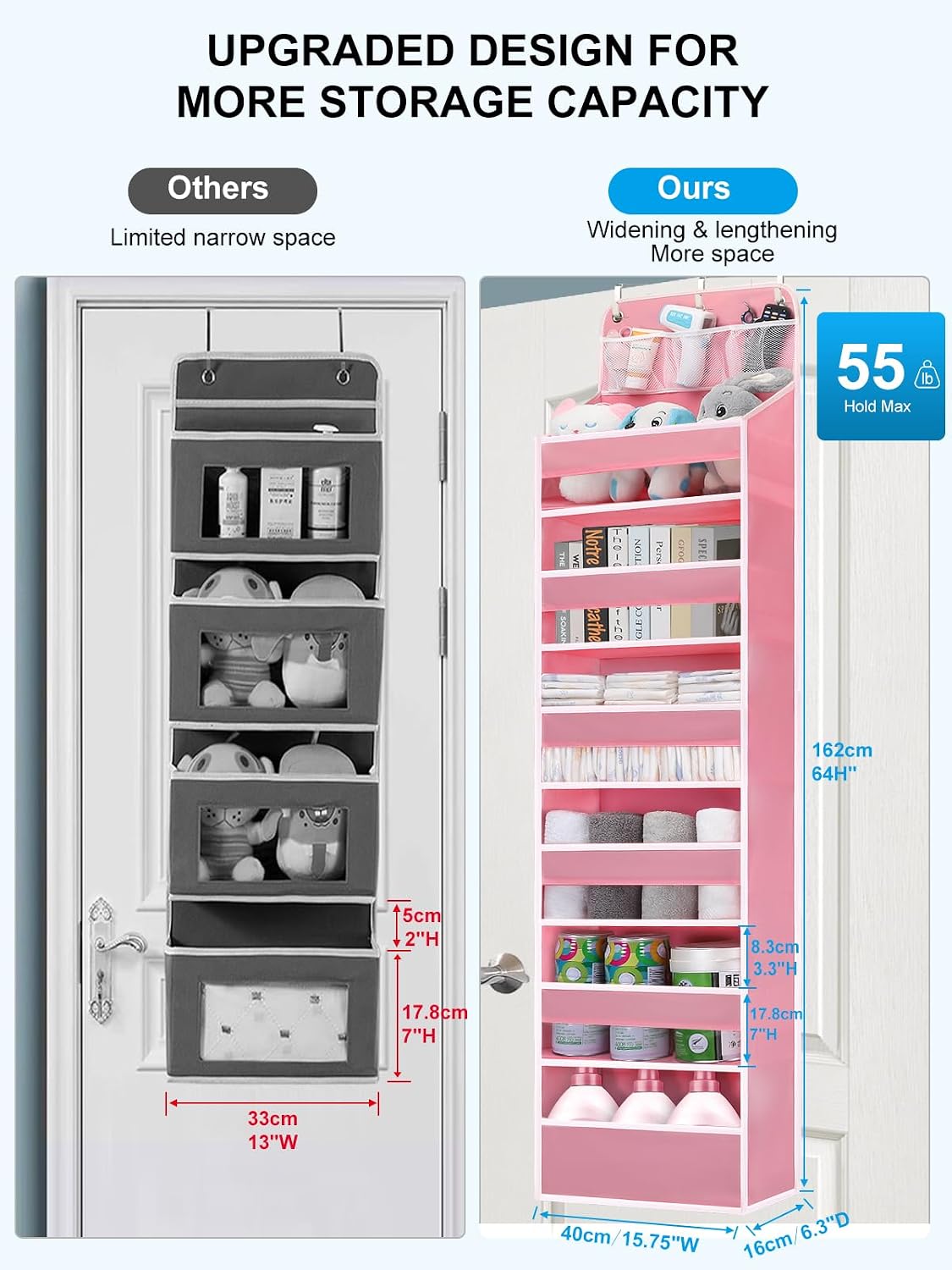 Over Door Hanging Organizer, No Tilt Baby Closet Organizer for Diaper Kids Toys, Hanging Organizer Storage for Newborn Essentials Nursery Bathroom (6 tier Pink)