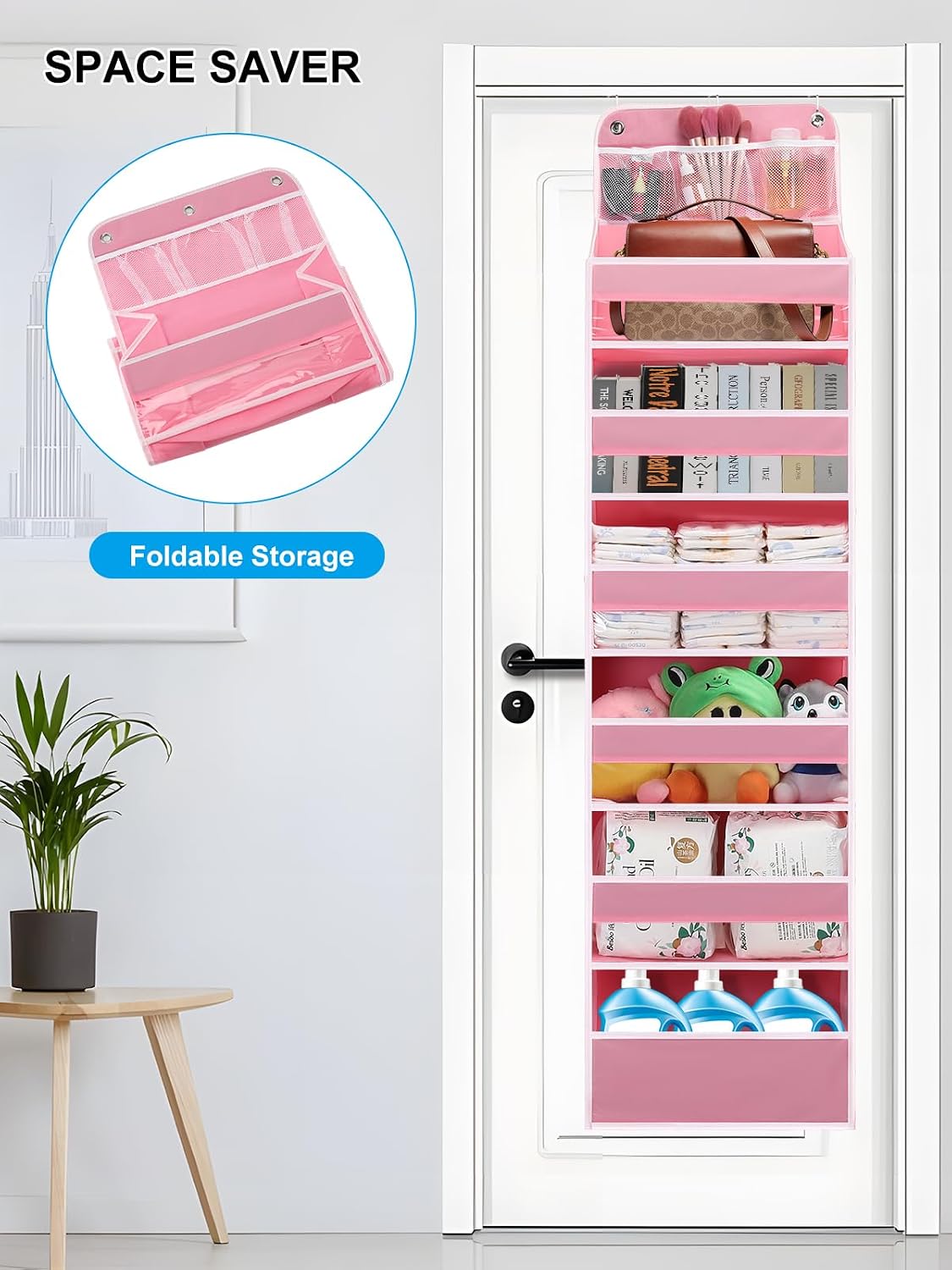 Over Door Hanging Organizer, No Tilt Baby Closet Organizer for Diaper Kids Toys, Hanging Organizer Storage for Newborn Essentials Nursery Bathroom (6 tier Pink)