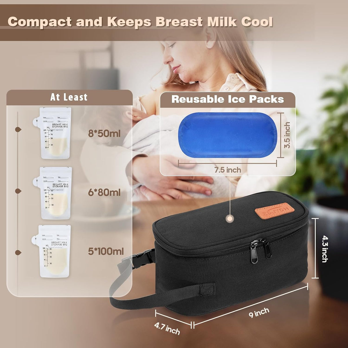 Small Portable Breast Milk Cooler Travel Bag with 2 Ice Packs, TSA Approved, Keeps Frozen Breast Milk Cold 8-10 hrs; fits 5-7 Flat Milk Storage Bags - Diaper Bag Size for Working & Traveling Moms