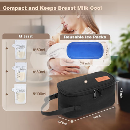 Small Portable Breast Milk Cooler Travel Bag with 2 Ice Packs, TSA Approved, Keeps Frozen Breast Milk Cold 8-10 hrs; fits 5-7 Flat Milk Storage Bags - Diaper Bag Size for Working & Traveling Moms