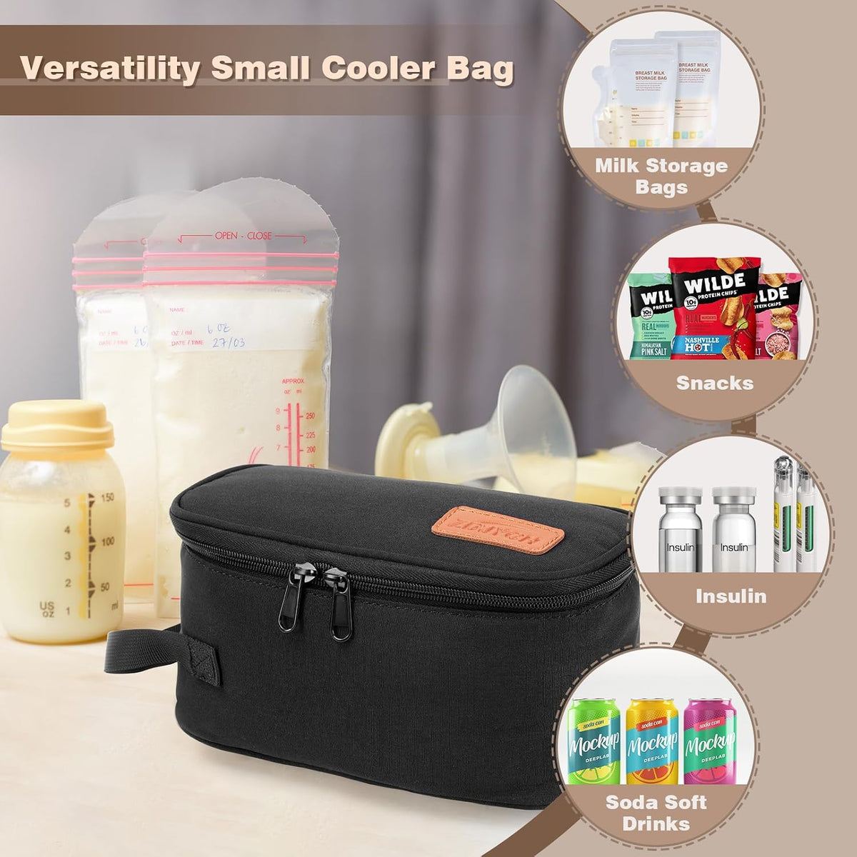 Small Portable Breast Milk Cooler Travel Bag with 2 Ice Packs, TSA Approved, Keeps Frozen Breast Milk Cold 8-10 hrs; fits 5-7 Flat Milk Storage Bags - Diaper Bag Size for Working & Traveling Moms