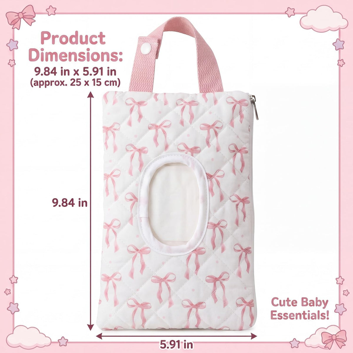 Quilted Wipes Pouch Baby Wipe and Diaper Pouch, Bow, Pink