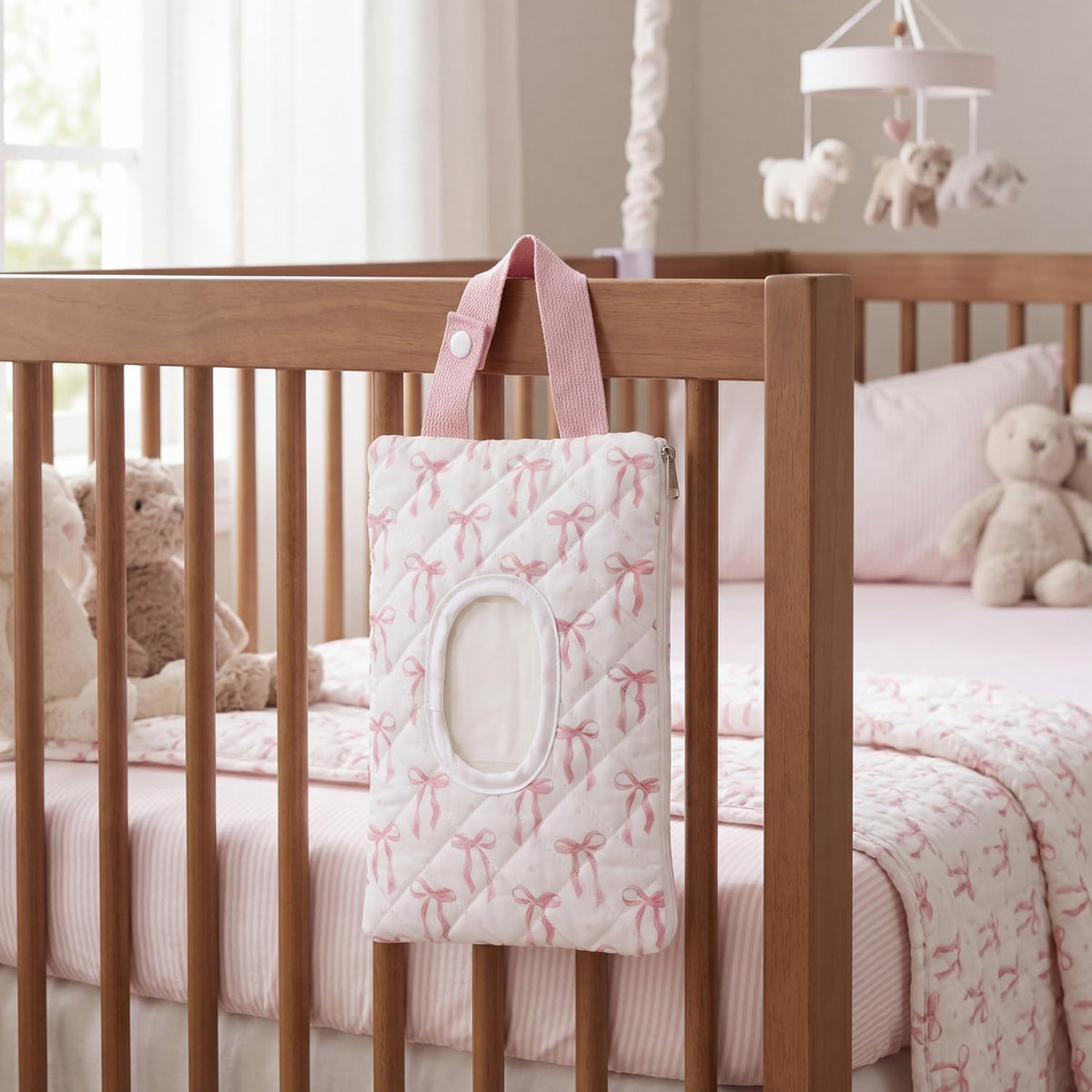 Quilted Wipes Pouch Baby Wipe and Diaper Pouch, Bow, Pink