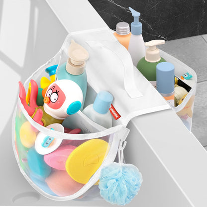 2-Compartment Mesh Bath Toy Organizer, Easy Access for Children & Parents, Durable 2-Pocket Bath Toys Storage Without Suction Cups,Quick Dry Shower Storage Net to Declutter Bath Time Mess
