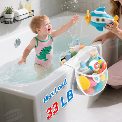 2-Compartment Mesh Bath Toy Organizer, Easy Access for Children & Parents, Durable 2-Pocket Bath Toys Storage Without Suction Cups,Quick Dry Shower Storage Net to Declutter Bath Time Mess