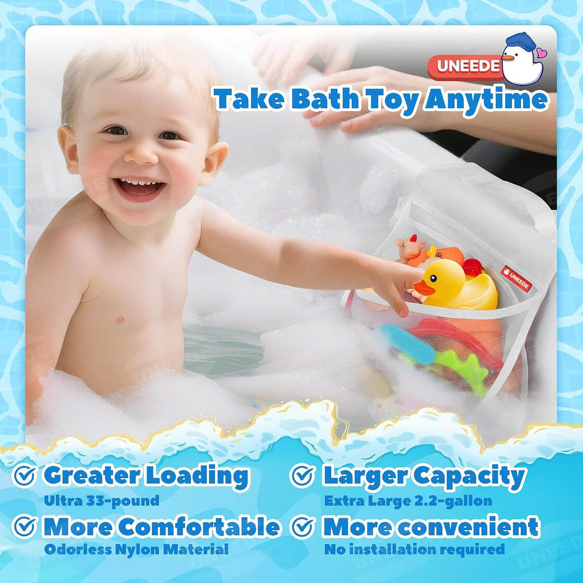 2-Compartment Mesh Bath Toy Organizer, Easy Access for Children & Parents, Durable 2-Pocket Bath Toys Storage Without Suction Cups,Quick Dry Shower Storage Net to Declutter Bath Time Mess