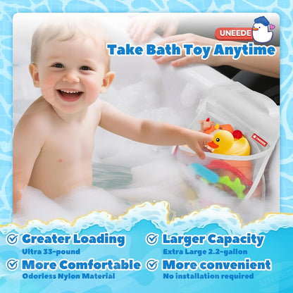 2-Compartment Mesh Bath Toy Organizer, Easy Access for Children & Parents, Durable 2-Pocket Bath Toys Storage Without Suction Cups,Quick Dry Shower Storage Net to Declutter Bath Time Mess