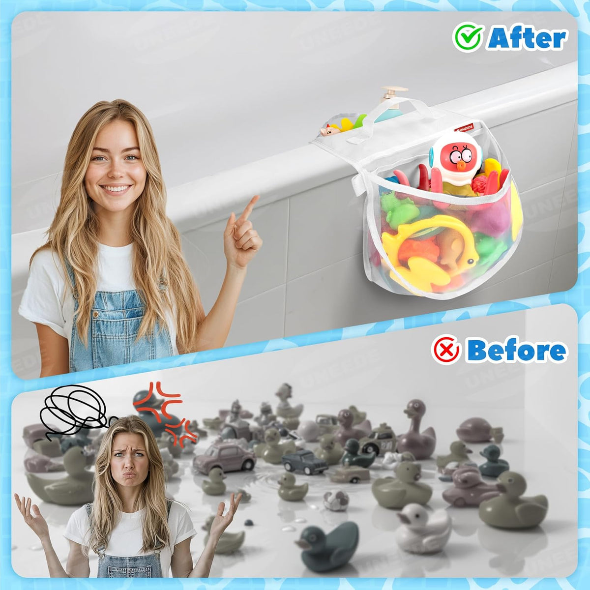 2-Compartment Mesh Bath Toy Organizer, Easy Access for Children & Parents, Durable 2-Pocket Bath Toys Storage Without Suction Cups,Quick Dry Shower Storage Net to Declutter Bath Time Mess