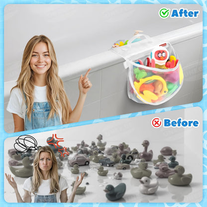 2-Compartment Mesh Bath Toy Organizer, Easy Access for Children & Parents, Durable 2-Pocket Bath Toys Storage Without Suction Cups,Quick Dry Shower Storage Net to Declutter Bath Time Mess