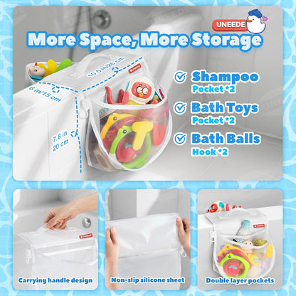 2-Compartment Mesh Bath Toy Organizer, Easy Access for Children & Parents, Durable 2-Pocket Bath Toys Storage Without Suction Cups,Quick Dry Shower Storage Net to Declutter Bath Time Mess