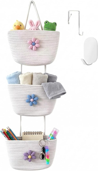 Hanging Basket, Over Door Organizer, 3 -Tier Wall Basket with Hooks