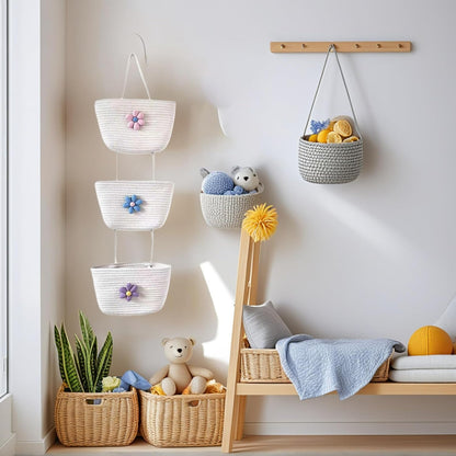 Hanging Basket, Over Door Organizer, 3 -Tier Wall Basket with Hooks