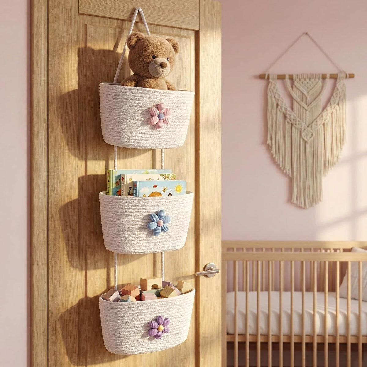 Hanging Basket, Over Door Organizer, 3 -Tier Wall Basket with Hooks