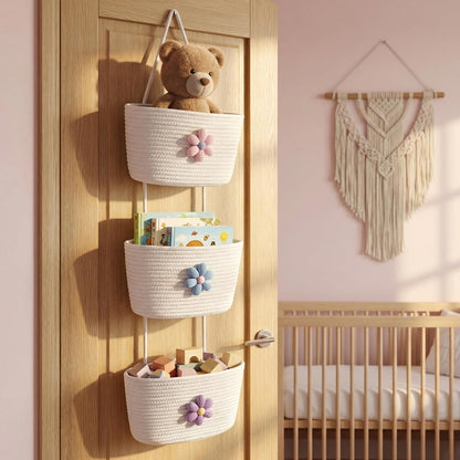 Hanging Basket, Over Door Organizer, 3 -Tier Wall Basket with Hooks