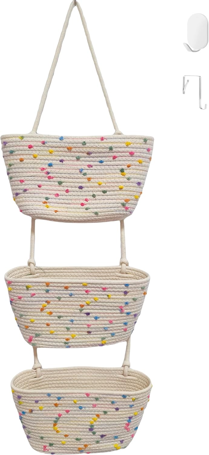 Hanging Basket, Over Door Organizer, 3 -Tier Wall Basket with Hooks
