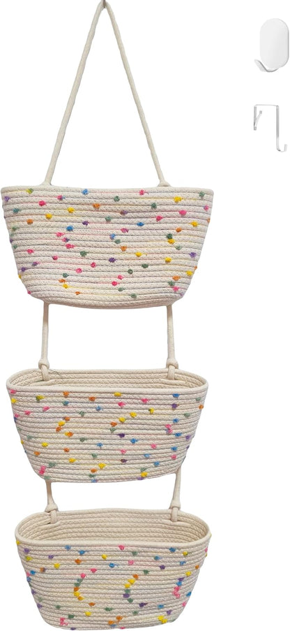Hanging Basket, Over Door Organizer, 3 -Tier Wall Basket with Hooks