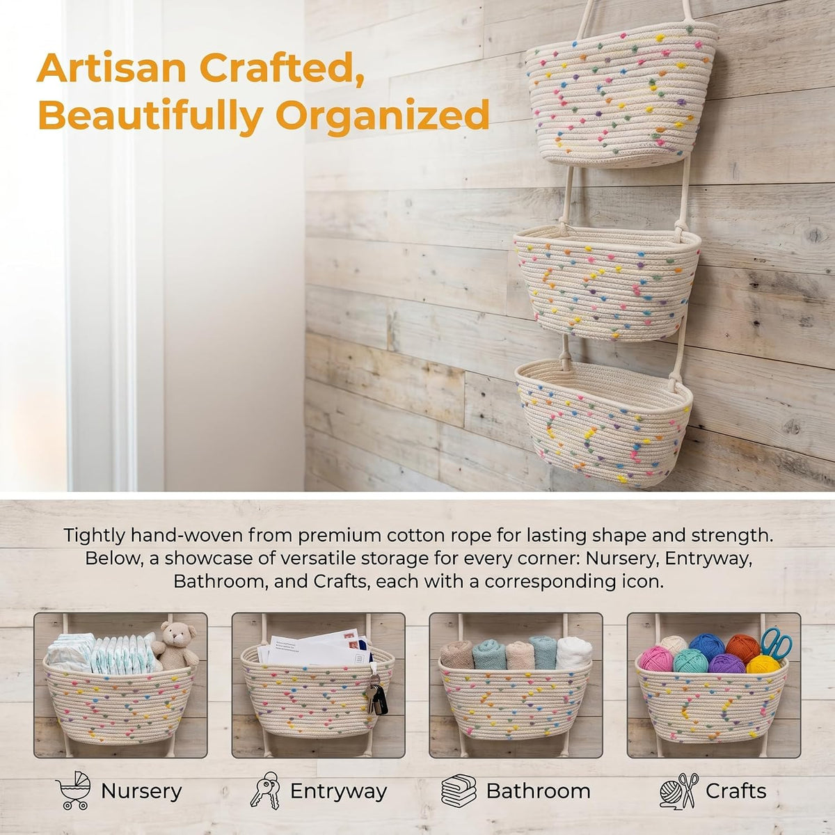Hanging Basket, Over Door Organizer, 3 -Tier Wall Basket with Hooks