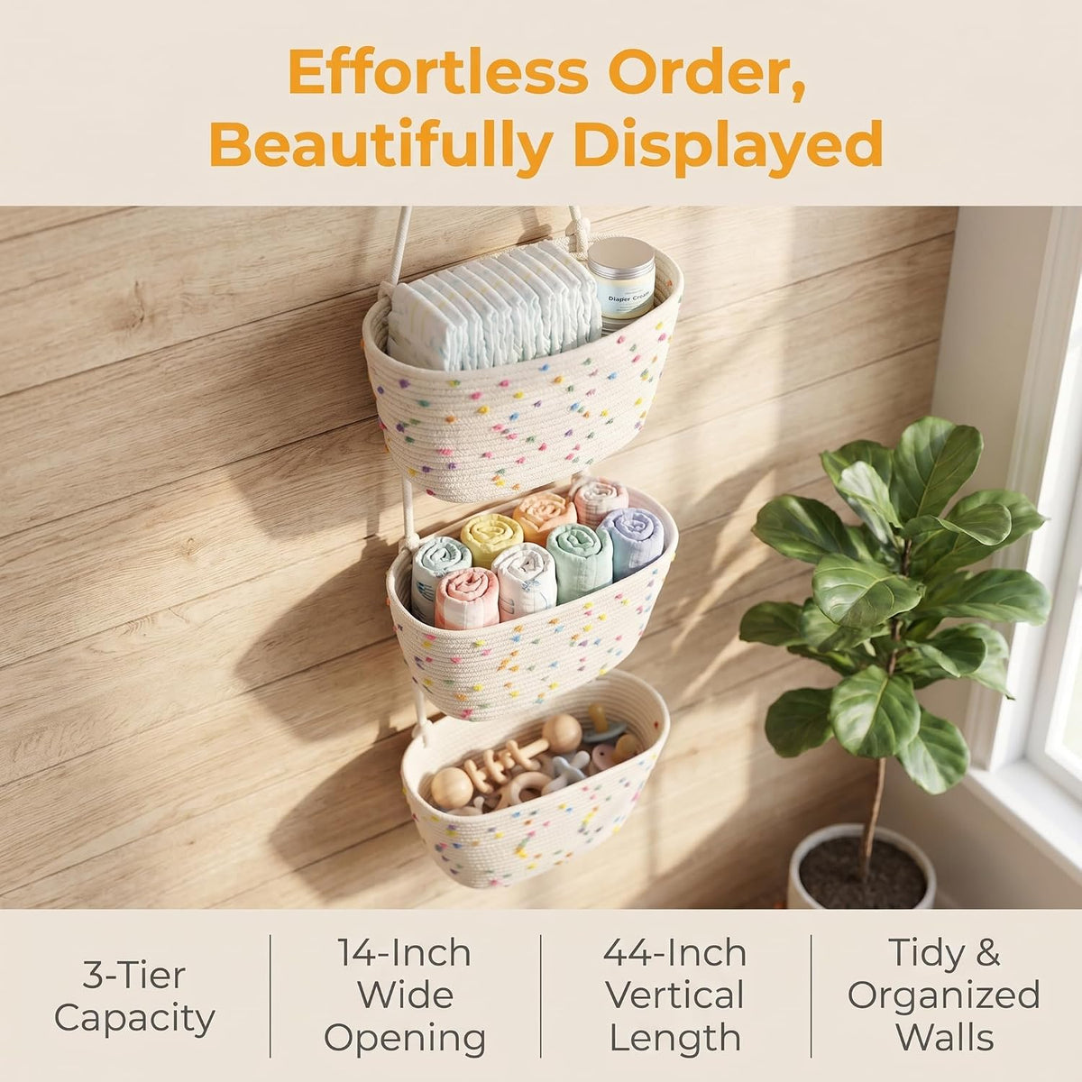 Hanging Basket, Over Door Organizer, 3 -Tier Wall Basket with Hooks