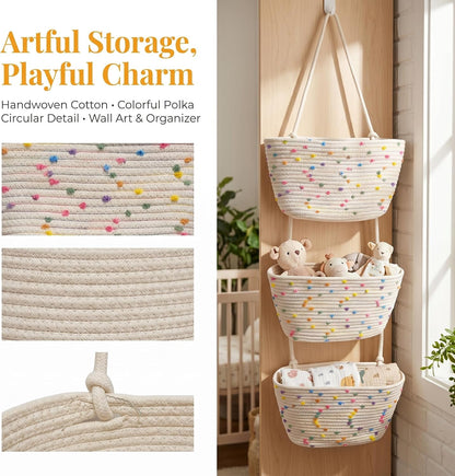 Hanging Basket, Over Door Organizer, 3 -Tier Wall Basket with Hooks