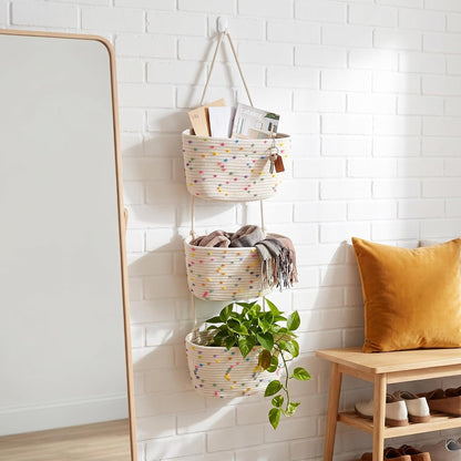 Hanging Basket, Over Door Organizer, 3 -Tier Wall Basket with Hooks