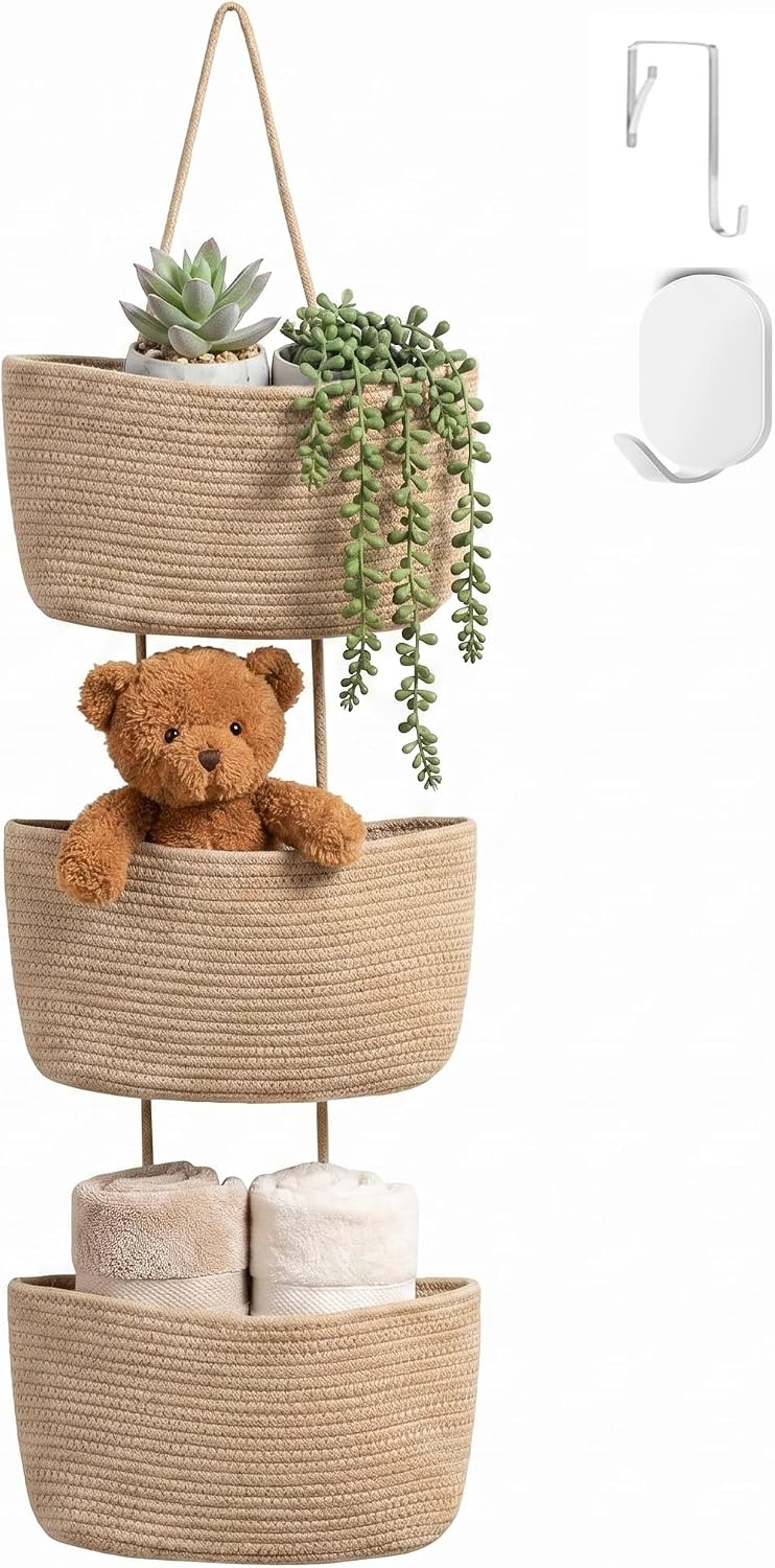 Hanging Basket, Over Door Organizer, 3 -Tier Wall Basket with Hooks