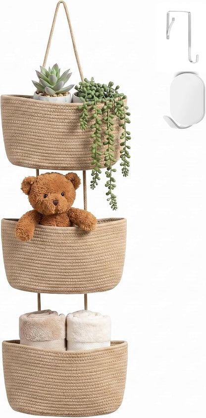 Hanging Basket, Over Door Organizer, 3 -Tier Wall Basket with Hooks