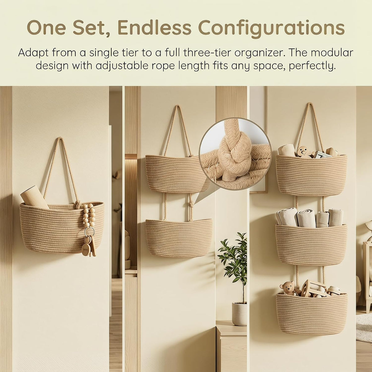 Hanging Basket, Over Door Organizer, 3 -Tier Wall Basket with Hooks
