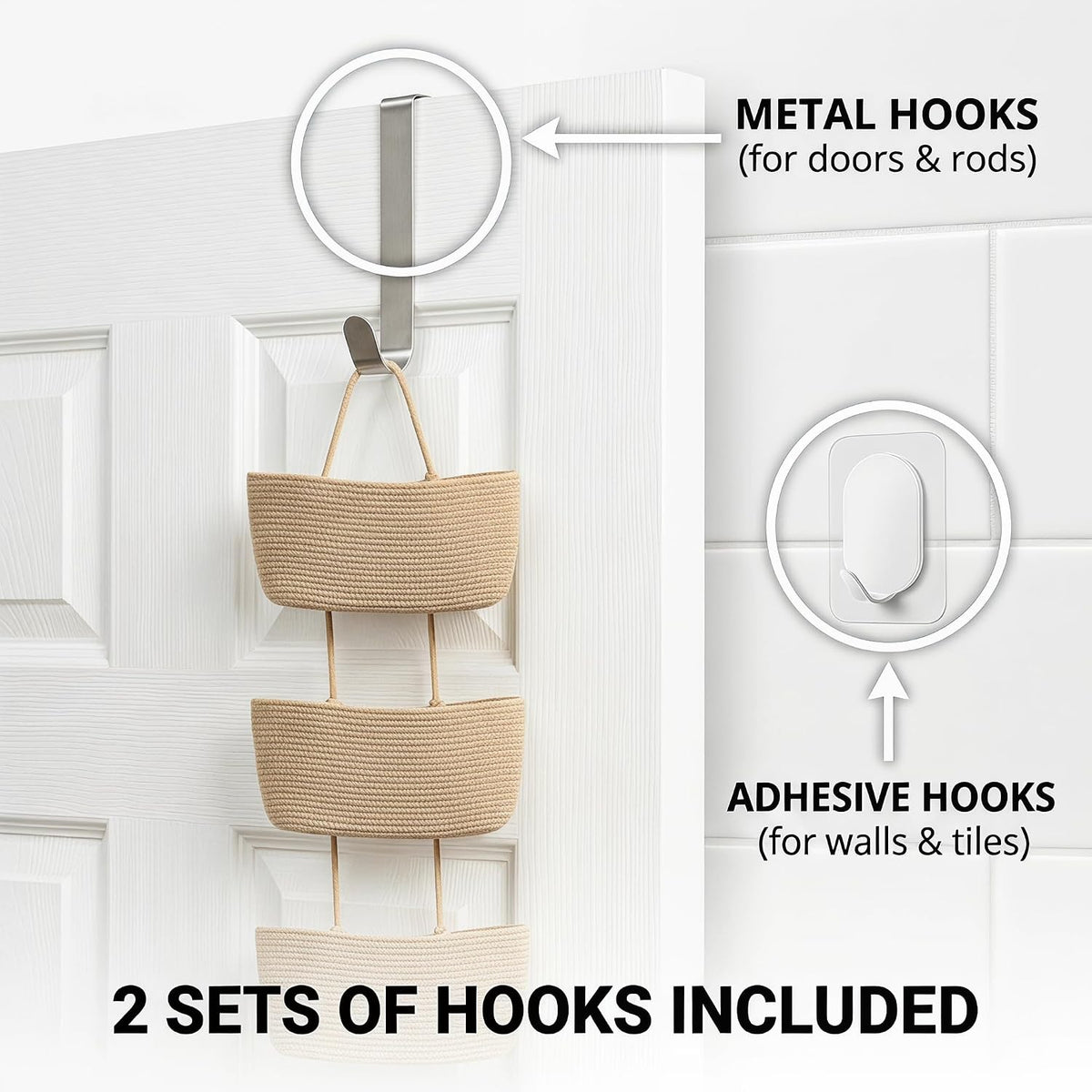 Hanging Basket, Over Door Organizer, 3 -Tier Wall Basket with Hooks