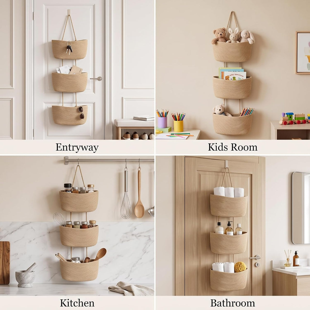 Hanging Basket, Over Door Organizer, 3 -Tier Wall Basket with Hooks