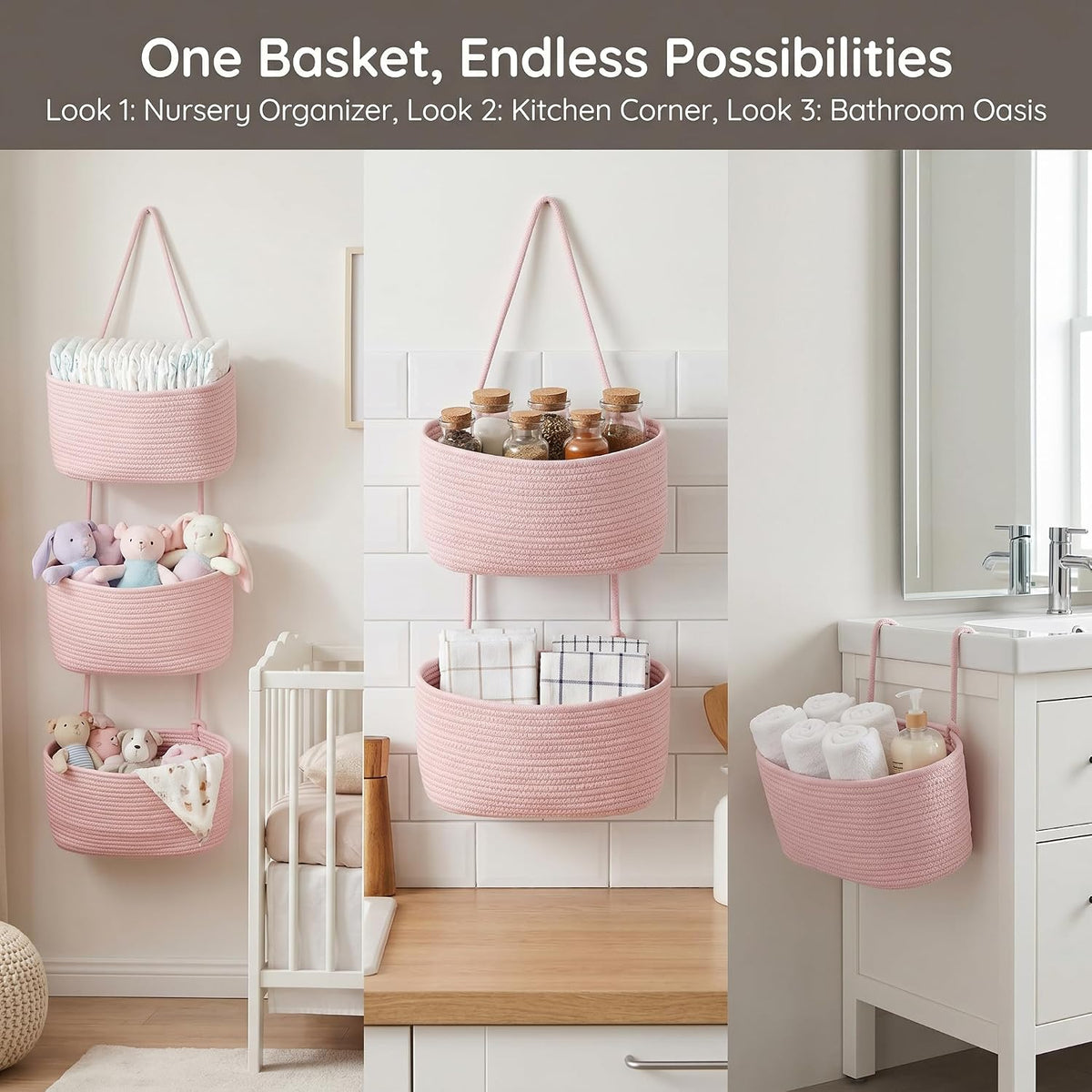 Hanging Basket, Over Door Organizer, 3 -Tier Wall Basket with Hooks