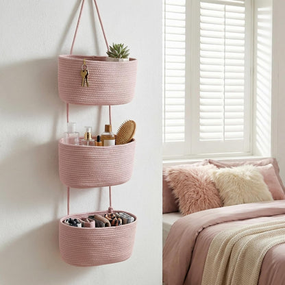 Hanging Basket, Over Door Organizer, 3 -Tier Wall Basket with Hooks