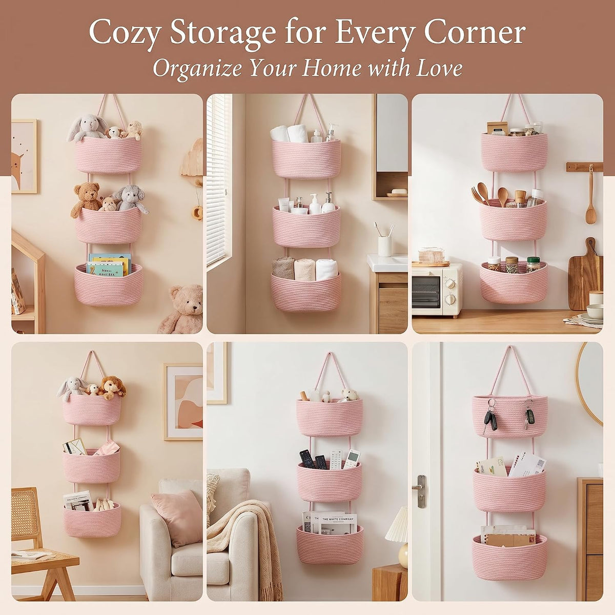 Hanging Basket, Over Door Organizer, 3 -Tier Wall Basket with Hooks