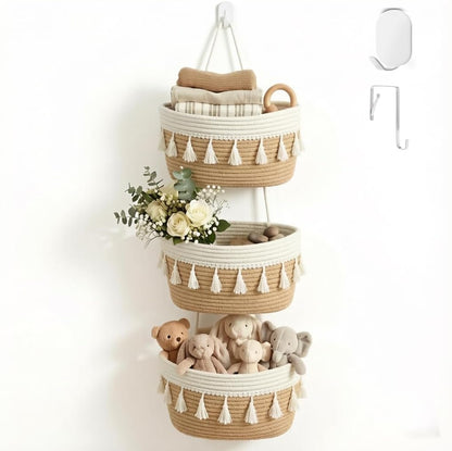 Hanging Basket, Over Door Organizer, 3 -Tier Wall Basket with Hooks