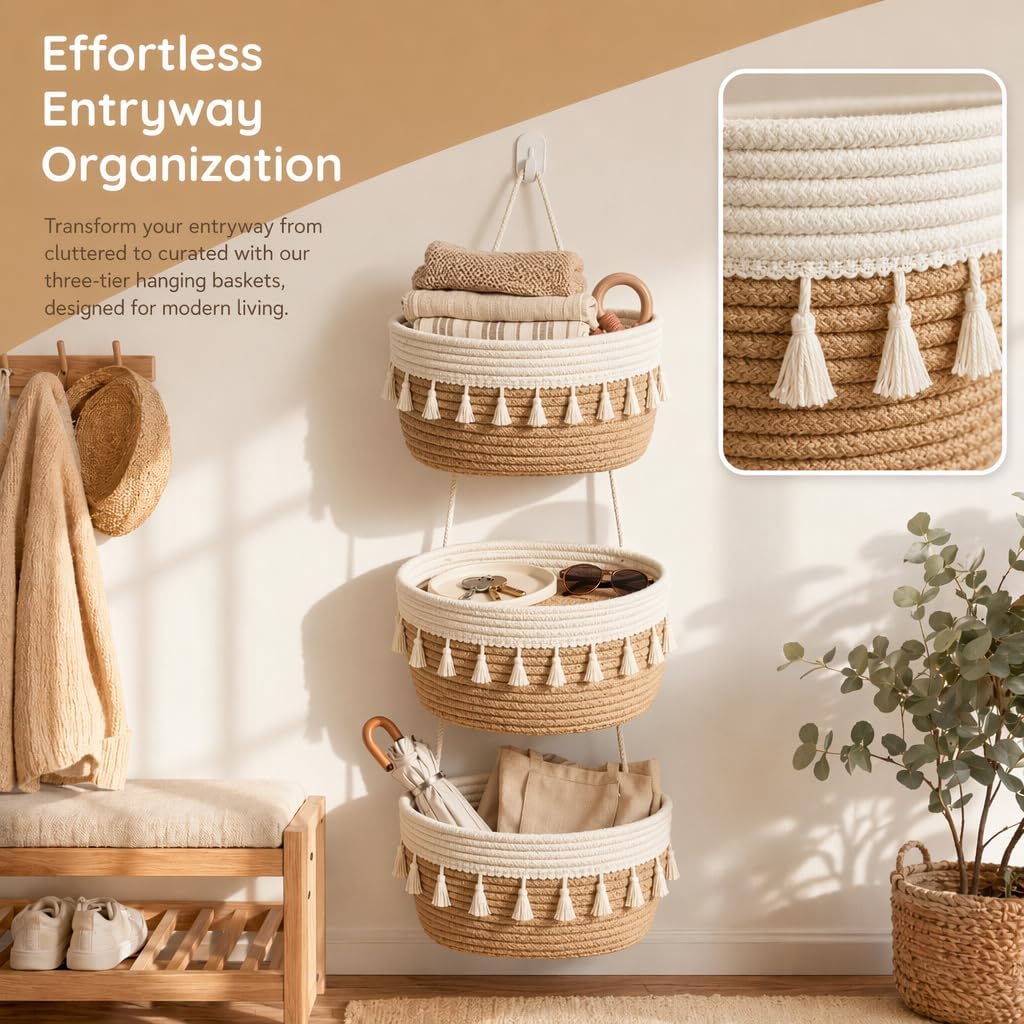 Hanging Basket, Over Door Organizer, 3 -Tier Wall Basket with Hooks