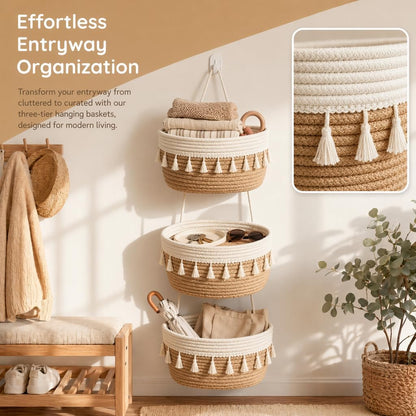 Hanging Basket, Over Door Organizer, 3 -Tier Wall Basket with Hooks
