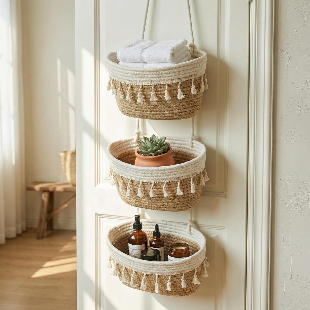 Hanging Basket, Over Door Organizer, 3 -Tier Wall Basket with Hooks