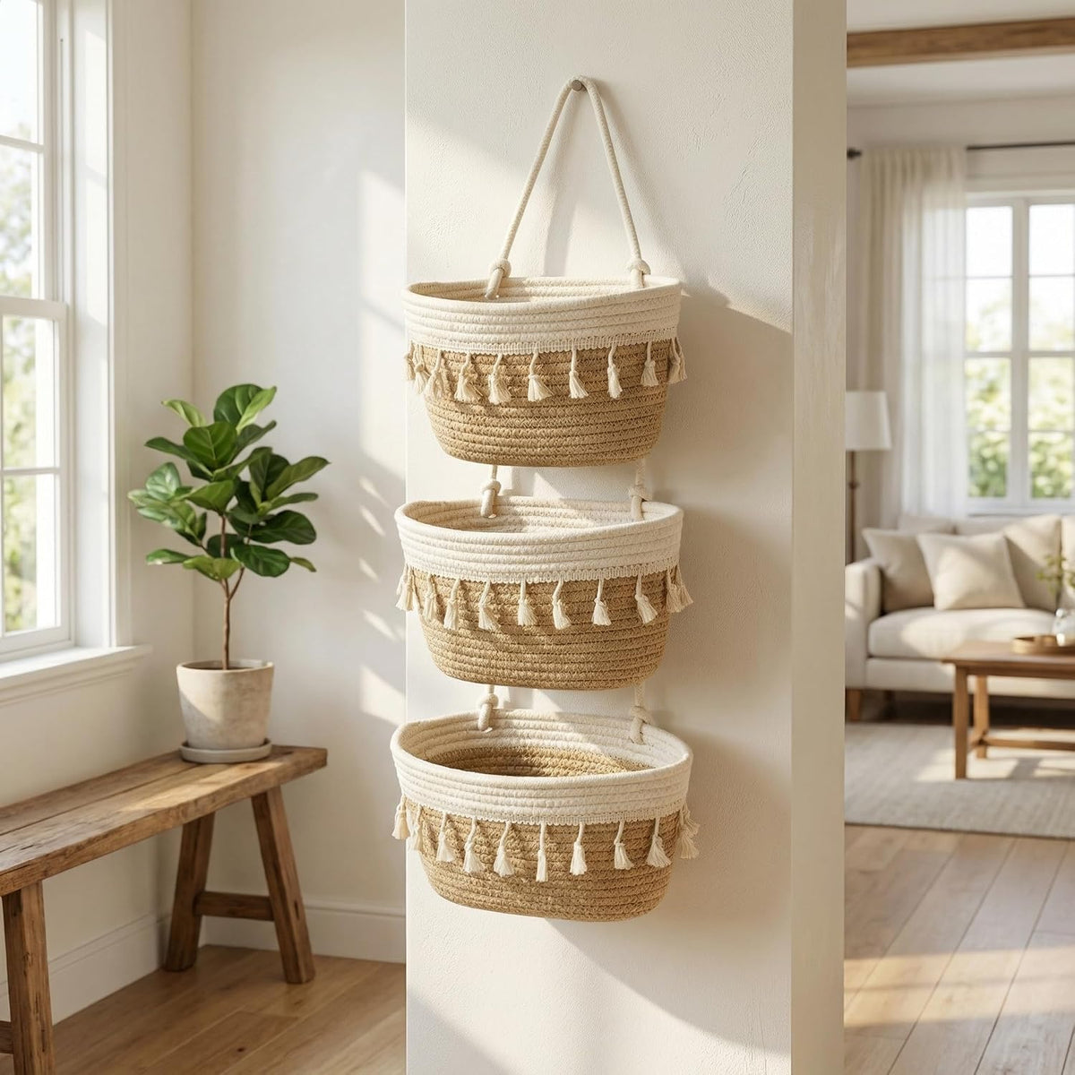 Hanging Basket, Over Door Organizer, 3 -Tier Wall Basket with Hooks
