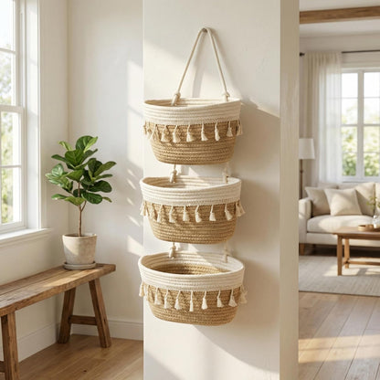 Hanging Basket, Over Door Organizer, 3 -Tier Wall Basket with Hooks