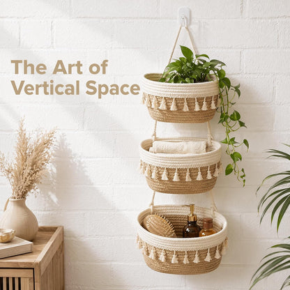Hanging Basket, Over Door Organizer, 3 -Tier Wall Basket with Hooks