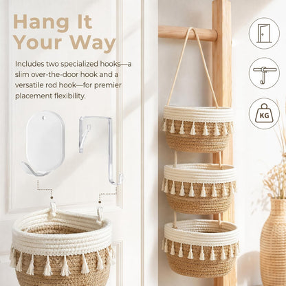 Hanging Basket, Over Door Organizer, 3 -Tier Wall Basket with Hooks