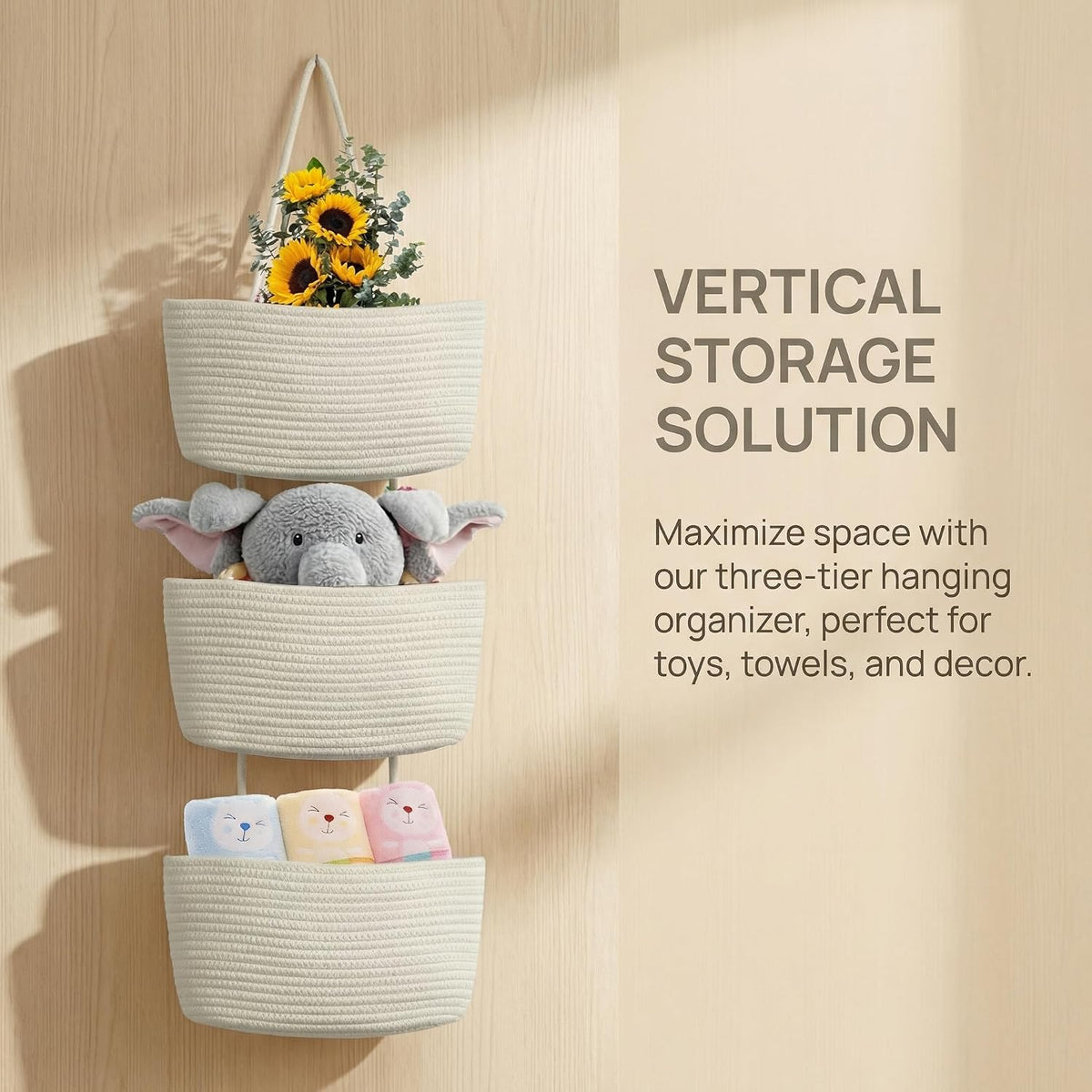 Hanging Basket, Over Door Organizer, 3 -Tier Wall Basket with Hooks