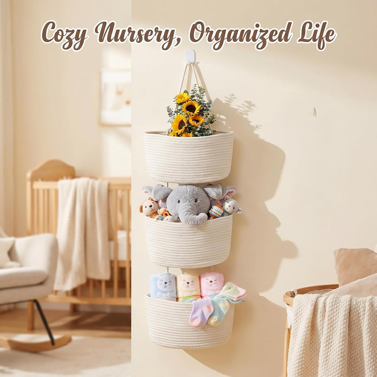 Hanging Basket, Over Door Organizer, 3 -Tier Wall Basket with Hooks
