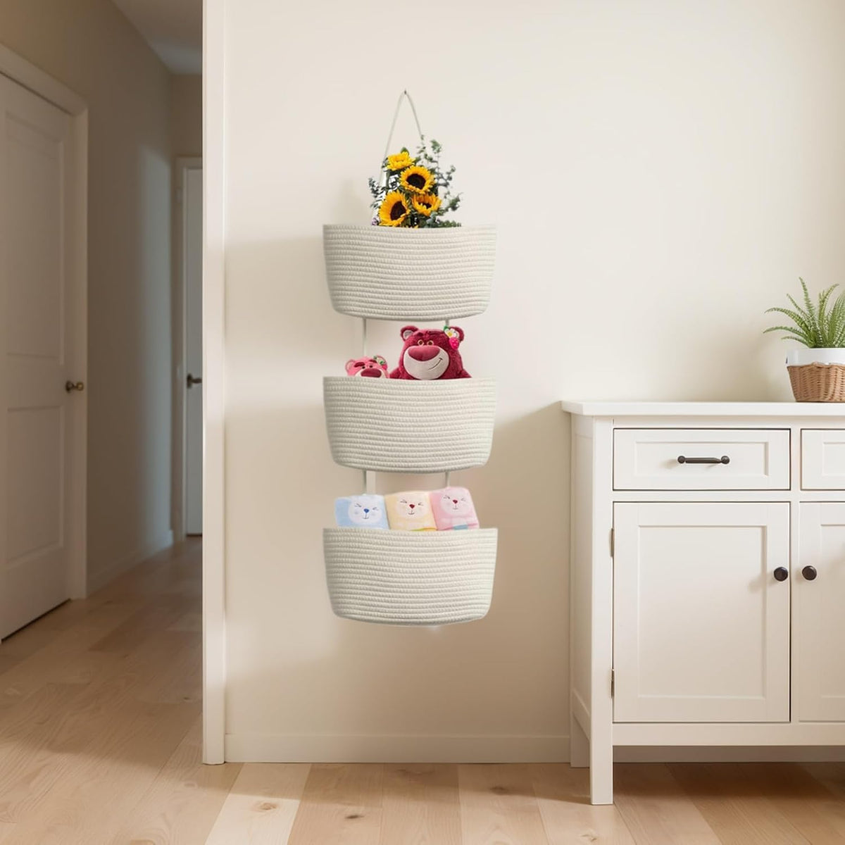 Hanging Basket, Over Door Organizer, 3 -Tier Wall Basket with Hooks