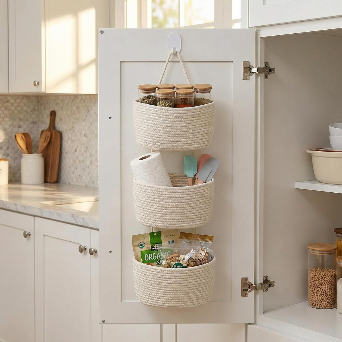 Hanging Basket, Over Door Organizer, 3 -Tier Wall Basket with Hooks