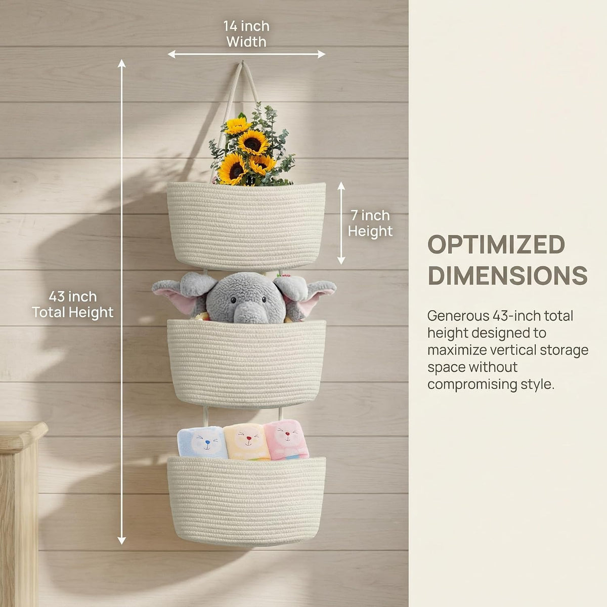 Hanging Basket, Over Door Organizer, 3 -Tier Wall Basket with Hooks