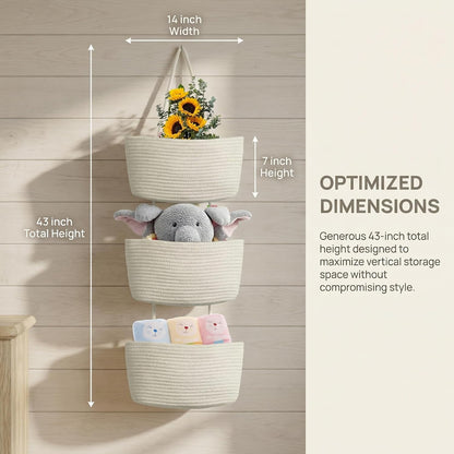 Hanging Basket, Over Door Organizer, 3 -Tier Wall Basket with Hooks