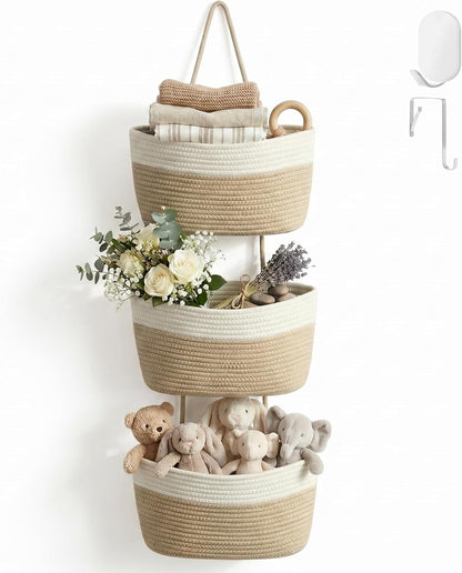 Hanging Basket, Over Door Organizer, 3 -Tier Wall Basket with Hooks