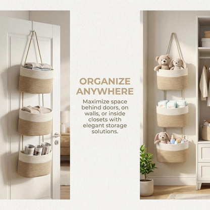 Hanging Basket, Over Door Organizer, 3 -Tier Wall Basket with Hooks